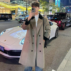 Threebooy Korean Niche Mid-length High-end Wool Coat Men's Autumn Winter Loose Versatile Wool British Style Jacket Aesthetic Trench Coat