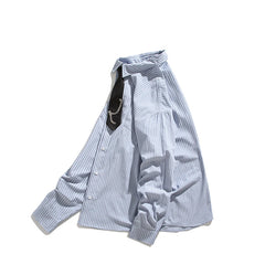 Threebooy Blue Striped Shirt Vintage College Style Tie Chain Design Loose Casual Blouse Couple Long Sleeve Top Harajuku Male Shirts Coat