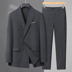 Threebooy Men's 2 Piece Suit Double Breasted Fashion Striped Wedding Gentleman Business Light Luxury Banquet Suit