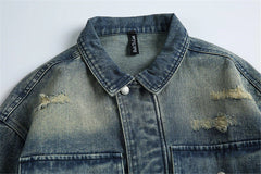 Vintage Ripped Hole Denim Jackets Mens Streetwear Punk Y2k Cargo Coats Harajuku Loose Casual Multiple Pockets Jeans Jackets Male