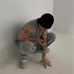 Threebooy New Men Casual Hollow Out Tank Tops Leisure Splicing Solid Color Sleeveless Tees Fashion Streetwear Fitness Stretch Knitted Vest