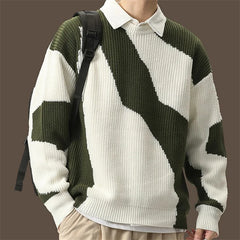 Threebooy Spring Retro Green White Color-block Sweater For Men Casual Loose Striped Crewneck Knitwear New Hip Hop Y2K Knitted Jumpers