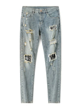 Threebooy Retro Stretch Jeans Men's Streetwear Ripped Patchwork Y2k Pants Hip Hop Slim Fashionable Biker Patch Male Denim Trousers