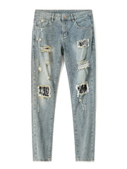 Threebooy Retro Stretch Jeans Men's Streetwear Ripped Patchwork Y2k Pants Hip Hop Slim Fashionable Biker Patch Male Denim Trousers