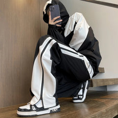 Threebooy Double Side Zippers Casual Patchwork Pants Men Fashion Streetwear Contrast Color Loose Straight Trousers Gray/White