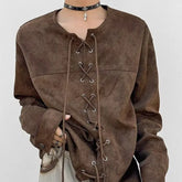 Threebooy Drawstring Double-breasted Shirt Back Fly Design Top American Retro Brown Motorcycle Leather Jacket Women Men's Jacket