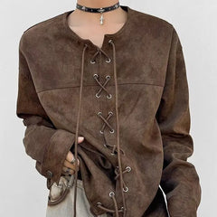 Threebooy Drawstring Double-breasted Shirt Back Fly Design Top American Retro Brown Motorcycle Leather Jacket Women Men's Jacket
