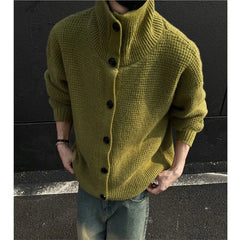 Threebooy Stand Collar Cardigans Men Retro Simple Streetwear Sweater Autumn Winter Solid Popular American Style Male Knitting Casual Daily