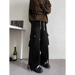 Threebooy Baggy Casual Denim cargo Pant man Mopping Trousers Yellow Mud Ribbons Multi-pockets Drawstring Jeans for Men Harajuku Streetwear