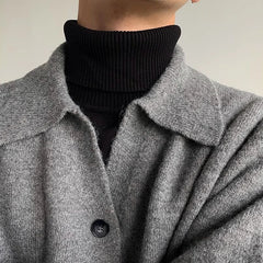 Threebooy New Korean Fashion Men Cardigan Jacket Light Luxury Knitted Polo Neck Long Sleeve Sweater Coat Casual Retro Solid Color Knitwear