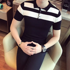 Threebooy Social Knitting Slim Polo British Style Stripes POLO Shirt Men Summer Short Sleeve Men's POLO Slim Fit Casual Polo Homme