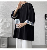 Threebooy men t shirts Loose Summer Men's T-shirts Women Oversized Korean Style Plaid T-shirt Casual Seven sleeves T-Shirt Male White
