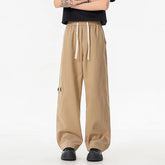 Threebooy Men Streetwear Cargo Pants Loose Straight Fit Multi-Pocket Drawstring Waist Edgy Trendy Niche Simple Trousers