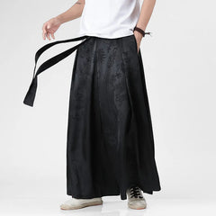 Threebooy Autumn New Chinese Style Men's Hanfu Clothing Dragon Patterned Ice Silk Wide Leg Pants Casual Loose Fit Long Trousers
