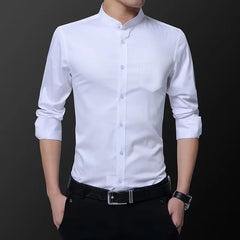 Threebooy Hipster Design Collarless Shirt for Men Casual Cotton Soft Regular Fit Long Sleeve White Black Navy Tuxedo Shirts 4XL 5XL