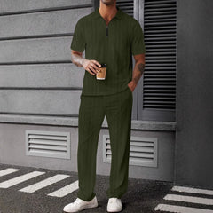 Threebooy Jacquard textured knitted polo shirt, a fashionable and casual men's short-sleeved shirt and long pants two-piece set