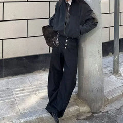 Threebooy Japanese Korean Retro Breasted Black Jeans Curved Knife Pants Casual Loose Wide Leg Pants Straight Leg Pants
