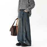 Threebooy Men Wide Leg Jeans Dark Blue Patchwork High Street Washed Vintage Denim trousers men Loose 2024 Trendy Streetwear Oversized