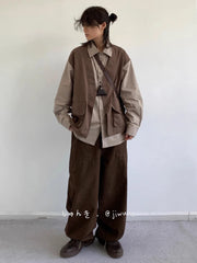 Threebooy Japanese Style Dressing Retro Fake Two-piece Vest Long-sleeved Work Shirt American Fashion Men Casual Loose Shirt Trendy Jacket