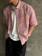 Threebooy American Fashion Brand Pink Plaid Bubble Yarn Short-sleeved Shirt for Men and Women Loose Casual Summer Thin Half-sleeved Shirt