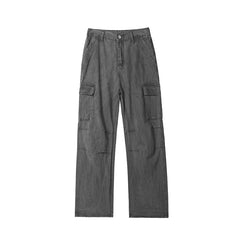 Threebooy Mens Workwear Cargo Pants Straight Loose Fit Patchwork Design Denim Pants Casual Outdoor Streetwear Tactical Utility Clothing