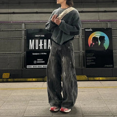 Threebooy American Hip Hop Harajuku High Street Streetwear Mens Wide Leg Pants Striped Tie Dye Washed Workwear Drape High Waisted Jeans