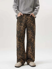 Threebooy 100% Cotton Leopard Print Men's Straight Jeans Baggy Fashion Designer Casual Pants Personality Streetwear Hip Hop Male Trousers