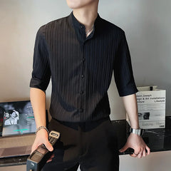 Threebooy Men's Business Stand Collar Half Sleeve Casual Shirts/Male Slim Fit High-Grade Stripe Shirts/ Club Wear Formal Clothing Top