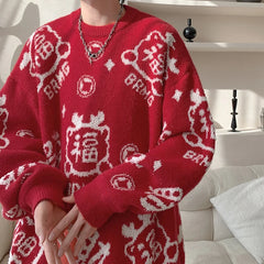 Chinese style sweater men Autumn Winter New loose knitted pullover Fashion Chinese Blessing Language Pattern Christmas New Year