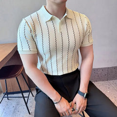 Threebooy Summer Striped Men's Knitted T-shirt Ice Silk Short Sleeved Polo Shirt Men Casual Business Streetwear Tee Tops Men Clothing