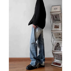 Threebooy Men's Korean Fashion Trend Streetwear Jeans High Street Blue/Black Denim Trousers Baggy Straight Casual Pants M-5XL