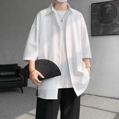 Threebooy Mens Solid Short sleeved Shirt Korean Ice Silk Fashion Shirts Comfortable Blouse Men Casual Loose Classic Shirt Plus Size 4XL