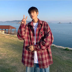 Red Blue Plaid Shirts Men American Vintage Couples Classic Loose Outwear Teens Camisas De Hombre Single Pocket Autumn New BF Ins