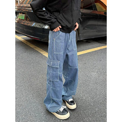 Threebooy Spring New Men Cargo Jeans Baggy American High Street Multi-pocket Youth Overalls Fashion Streetwear Vintage Wide Leg Pants