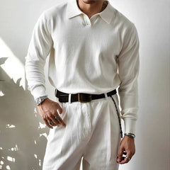 Threebooy American Leisure Men Polo Shirt Luxury V Neck Knitted Solid Color Fitness Pullover Casual Slim Sports Long Sleeve Knitwear M-3XL