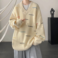 Threebooy Korean lazy style striped V-neck sweater for men and women in autumn and winter trendy loose casual couple Harajuku casual top