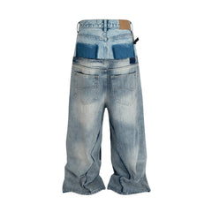 Threebooy CUT-UP Double-layer Double Waist Patchwork Baggy Jeans for Men and Women Straight Casual Loose Denim Trousers Oversized
