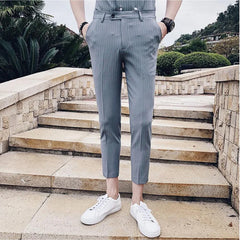 Threebooy Men Stripe Pants Slim Fit Midwaist Trousers Classic Vintage Check Suit Male Wedding Pants Men Business Formal Trousers 35