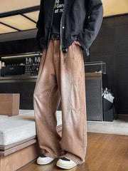 Threebooy Men's Straight Wide-Leg Jeans Korean Fashion Elastic Waist Washed Denim Pants Street Casual Baggy Jeans