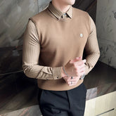 Threebooy Fake 2 Pieces Shirt Neck Knit Sweaters/Male Slim Fit Fashion Long-sleeved Pullover/Male High Quality Stripe Casual Sweater 4XL