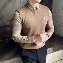 Threebooy Fake 2 Pieces Shirt Neck Knit Sweaters/Male Slim Fit Fashion Long-sleeved Pullover/Male High Quality Stripe Casual Sweater 4XL