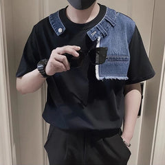 Threebooy Men Trendy Vintage Denim Patchwork Design Tees Summer Short Sleeve Luxury Chic T Shirt Casual Round Neck Loose Tops Ropa Hombre