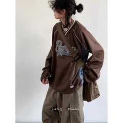 Threebooy Spring Autumn Japanese Retro Color-blocking Pullover Sweatshirt Men's College Style Letters Loose Long-sleeved Sweatshirt Chic