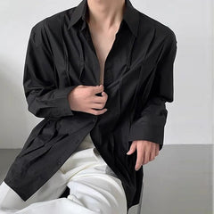 Threebooy New Men's Shirts Japanese Style Vintage Long Sleeve Blouse Casual Striped Pleats Solid Color Button-down Fashion Cardigan Tops