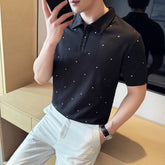 Threebooy Summer Star Glitter Men's Short Sleeved Polo Shirt Korean Fashion Lapel Casual T-shirt Breathable Business Office Social Tee Top