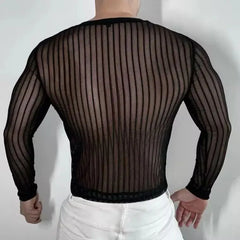 Threebooy Mens T-Shirt Striped Sexy Slightly Transparent Stretch T-Shirt Fashion Streetwear Tight Casual Long Sleeve Top Men'S Clothing
