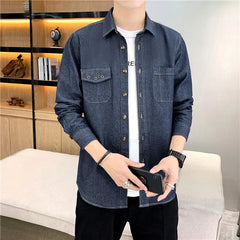 Threebooy Denim Shirt for Men Jeans Cotton Long Sleeve Blue Blazer Button Up Y2K Casual Spring Summer Cardigan Loose Fashion Black Coat