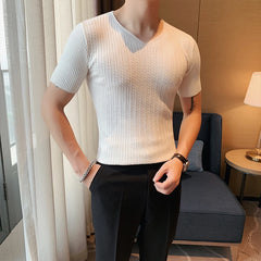 Threebooy Brand Clothing Men's Summer Leisure Short T-Shirts/Male High-Grade Knitting V-Neck Fahion T-Shirts Plus Size S-4XL