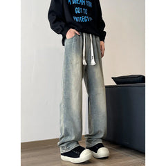 Threebooy Men's Jeans Elastic waist pull rope Korean Fashion Spring Straight Denim Pants Washed Cotton Retro Wide Leg Jean Trousers