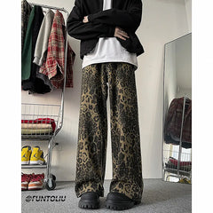 Threebooy Trendy Leopard Print Jeans Man pants fasnion unisex American High Street Trousers Harajuku Style Baggy High Waist Casual Pants